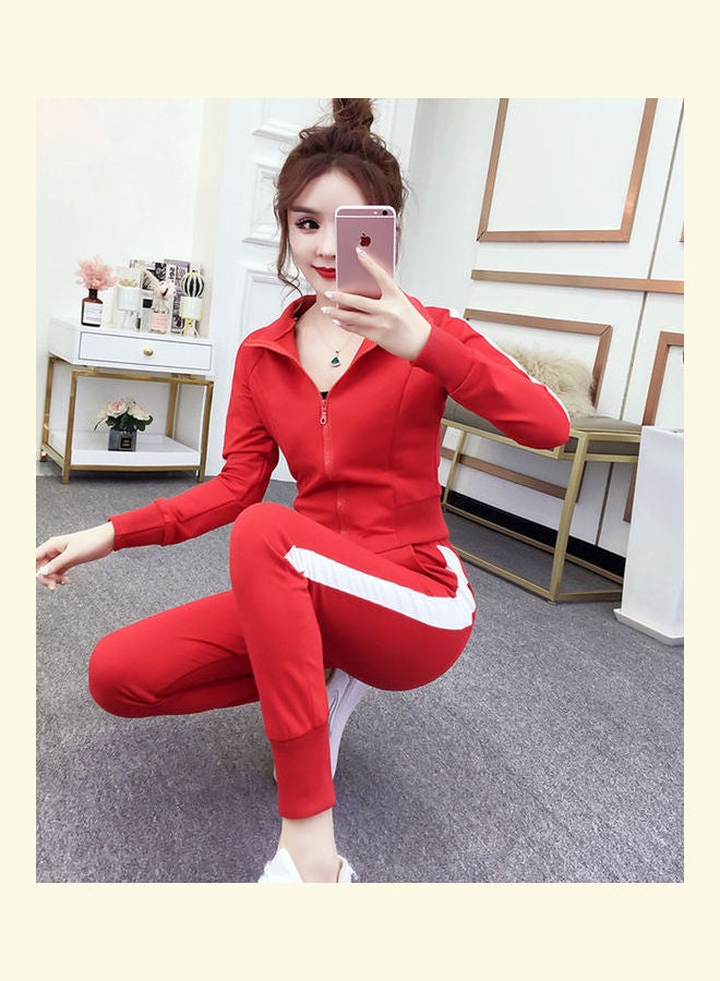 Side Striped Pattern Top With Pencil Pants Red/White - Image 2