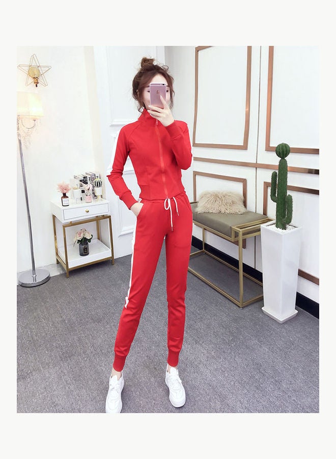 Side Striped Pattern Top With Pencil Pants Red/White - Image 1