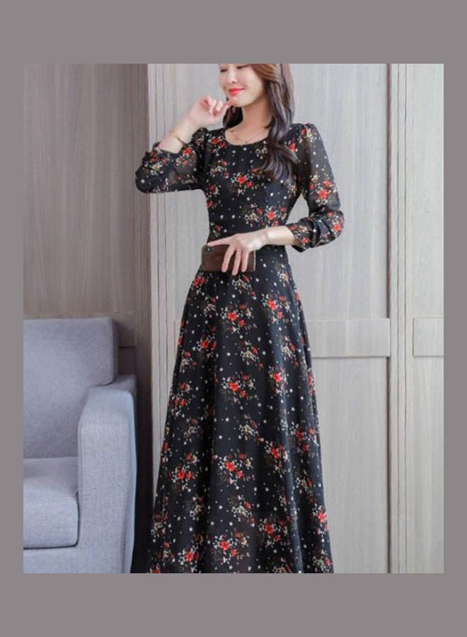 فستان مزين بنقشة الزهور قصة إيه لاين أسود/أحمر/أبيض - Image 4