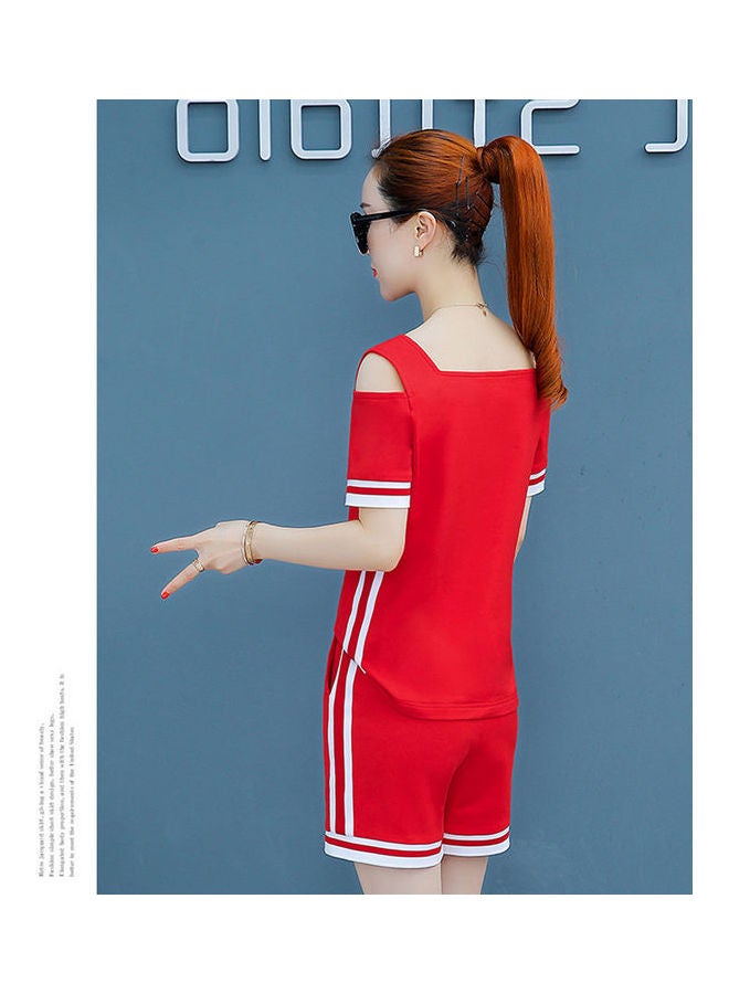 طقم بلوزةٌ مخططة وشورت بقصة مستقيمة من قطعتين أحمر/أبيض - Image 2