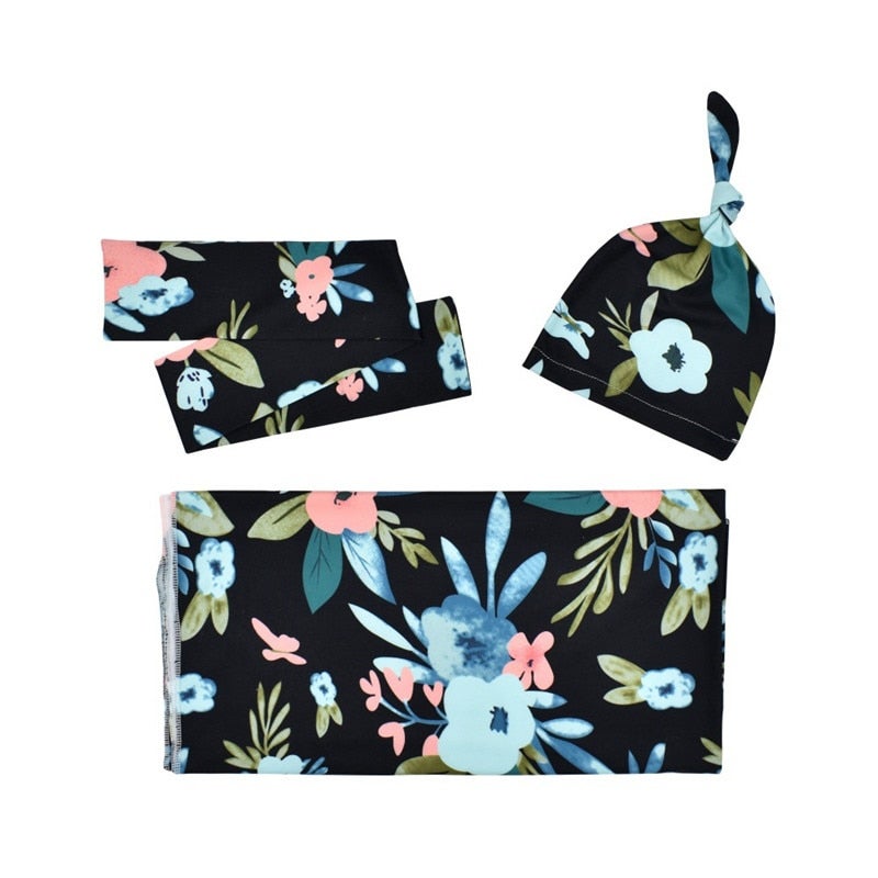 3-Piece Newborn Cotton Flowers Printing Wrap Towel & Cap Headband Set - Image 1