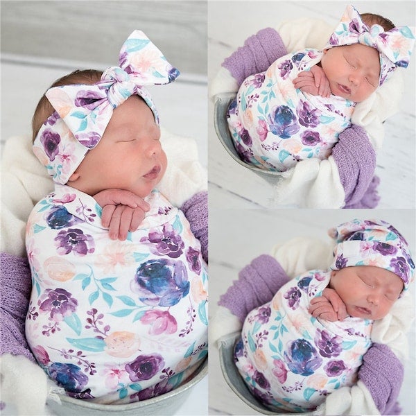 3-Piece Newborn Cotton Flowers Printing Wrap Towel & Cap Headband Set - Image 2