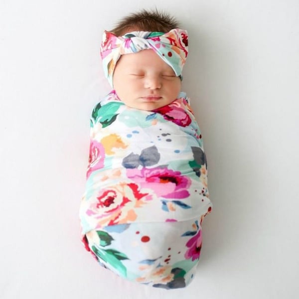 3-Piece Newborn Cotton Flowers Printing Wrap Towel & Cap Headband Set - Image 5