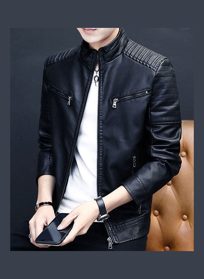 Long Sleeves Leather Jacket black  - Image 4