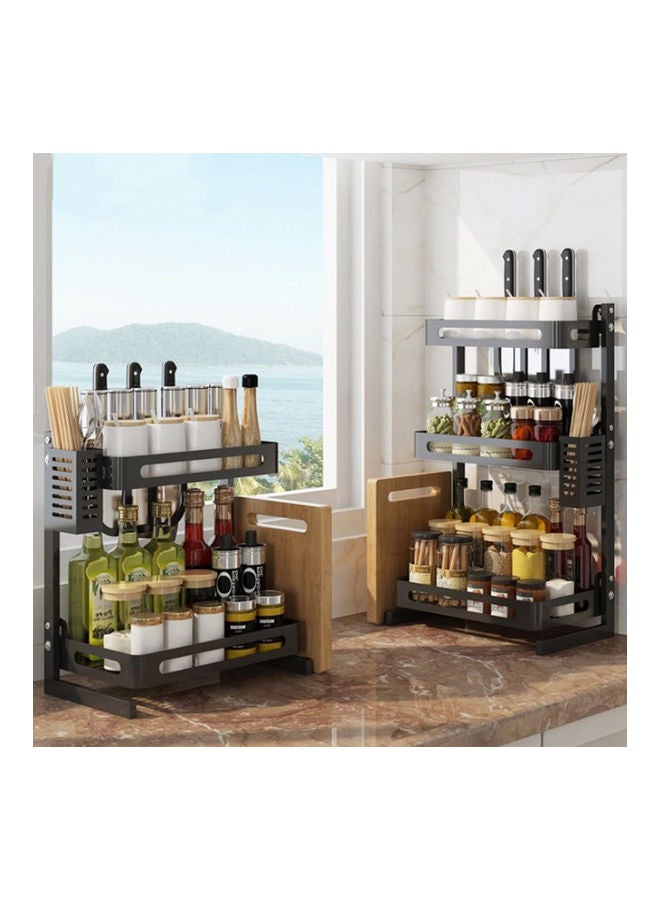 2-Tier Spice Rack Organizer Countertop Includes Cutlery Chopsticks Shelf Utensil Holder Freestanding For Jars Bottles Chopping Board  With Removable Hooks Black 43*11*24.5cm - Image 3