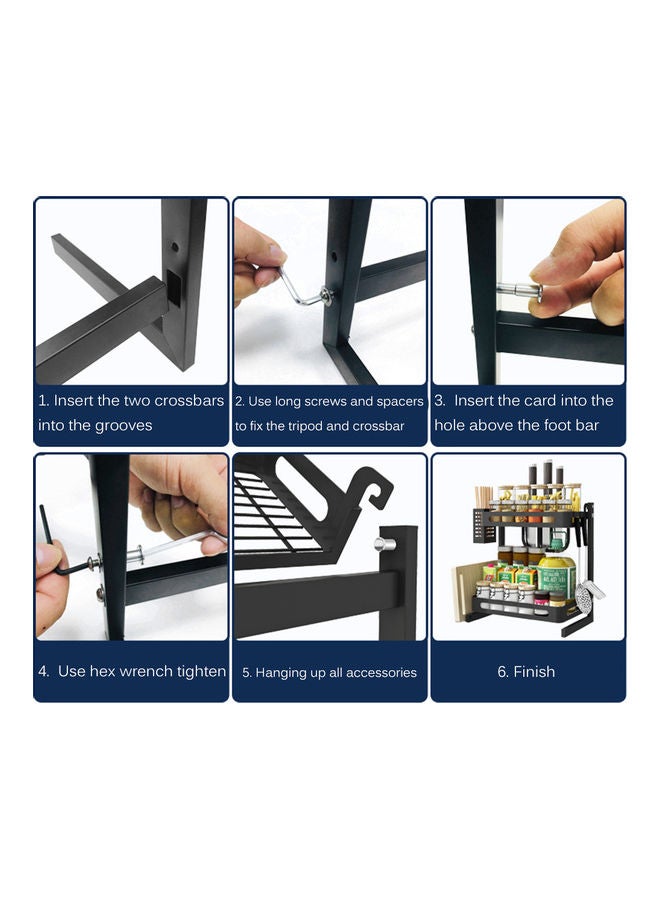 2-Tier Spice Rack Organizer Countertop Includes Cutlery Chopsticks Shelf Utensil Holder Freestanding For Jars Bottles Chopping Board  With Removable Hooks Black 43*11*24.5cm - Image 4