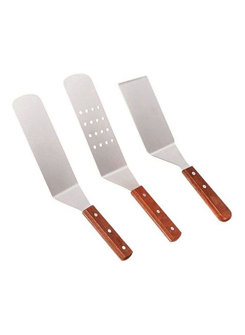 Professional Griddle Accessories 3 Piece BBQ Tool Kit Wooden Handle Stainless Steel Grill Spatula Set Brown 40*5*10cm