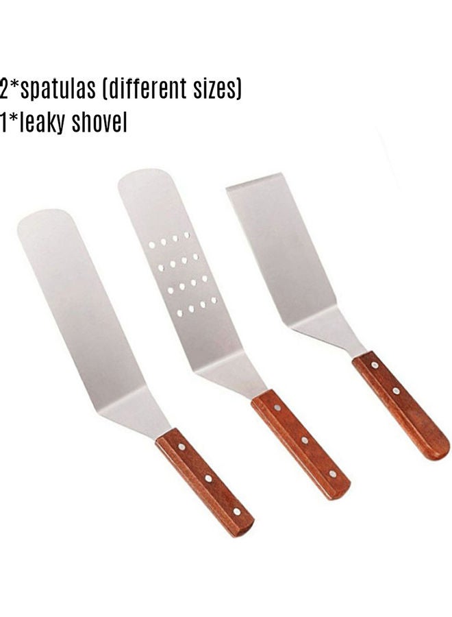 Professional Griddle Accessories 3 Piece BBQ Tool Kit Wooden Handle Stainless Steel Grill Spatula Set Brown 40*5*10cm - Image 3