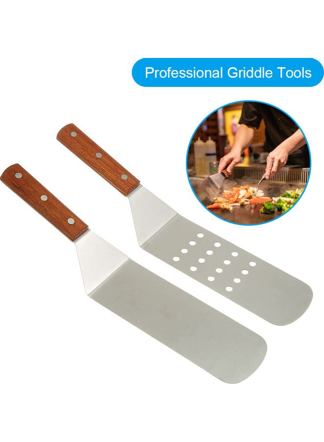 Professional Griddle Accessories 3 Piece BBQ Tool Kit Wooden Handle Stainless Steel Grill Spatula Set Brown 40*5*10cm - Image 4