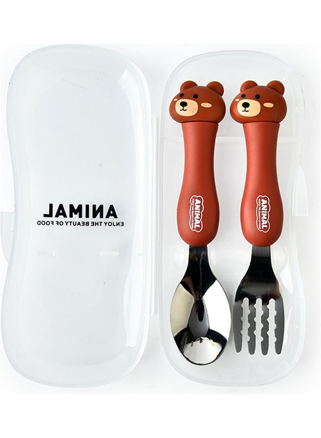 2-Piece Kids Spoon And Fork With Travel Case Brown 17.5x3x8cm  - Image 1