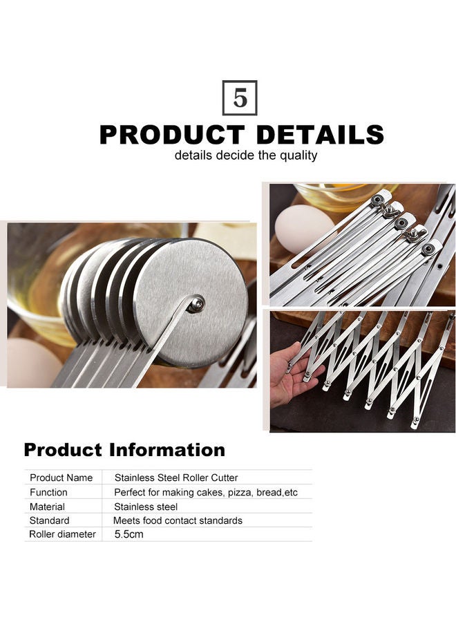 5 Wheel Stainless Steel Pizza Knife Wheel Cutter With Adjustable Dough Divider For Pastry Pizza Pasta Cakes Cookies Kitchen Baking Tool Silver 25*6*6.5cm  - Image 5