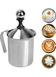 Frother Handheld Double Mesh Milk Foam Maker Cappuccino Coffee Foam Pitcher Milk Frother With Handle Lid Stainless Steel 400mL/14.1oz Capacity Silver 18*9.5*13cm