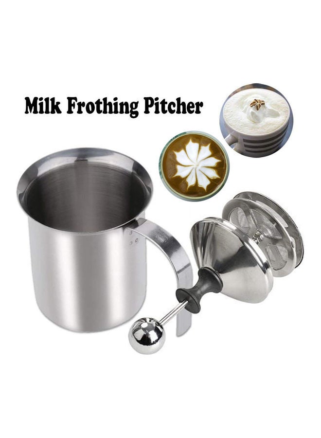 Generic - Frother Handheld Double Mesh Milk Foam Maker Cappuccino Coffee Foam Pitcher Milk Frother With Handle Lid Stainless Steel 400mL/14.1oz Capacity Silver 18*9.5*13cm - Image 1