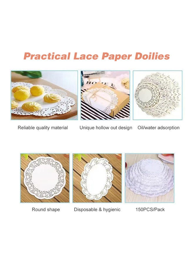 طقم أدوات مائدة ورقية دائرية للزينة من الدانتيل للاستخدام مرة واحدة مقاس 8.5 بوصة مكون من 150 قطعة أبيض 21.5*2*21.5سم - Image 5