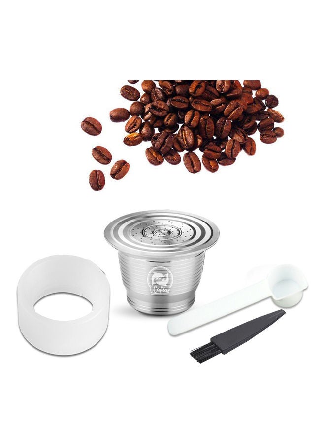 Compatible With Nespresso Stainless Steel Reusable Refillable Coffee Capsule Cup Filter with Brush Spoon Powder Press Ring Silver 11*5.5*5.5cm - Image 1