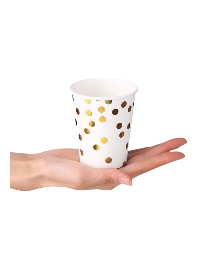 Set of 90 Piece Disposable Drinkware and Dishware with Golden Polka Dot Round Plates Beverage Cups Dinner Plates Dessert Plate White & Gold 25x10x25cm