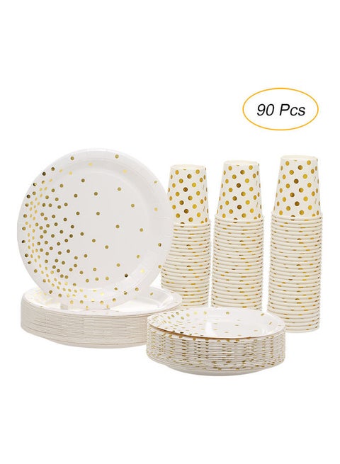 Set of 90 Piece Disposable Drinkware and Dishware with Golden Polka Dot Round Plates Beverage Cups Dinner Plates Dessert Plate White & Gold 25x10x25cm