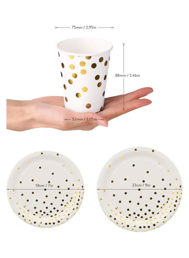 Set of 90 Piece Disposable Drinkware and Dishware with Golden Polka Dot Round Plates Beverage Cups Dinner Plates Dessert Plate White & Gold 25x10x25cm