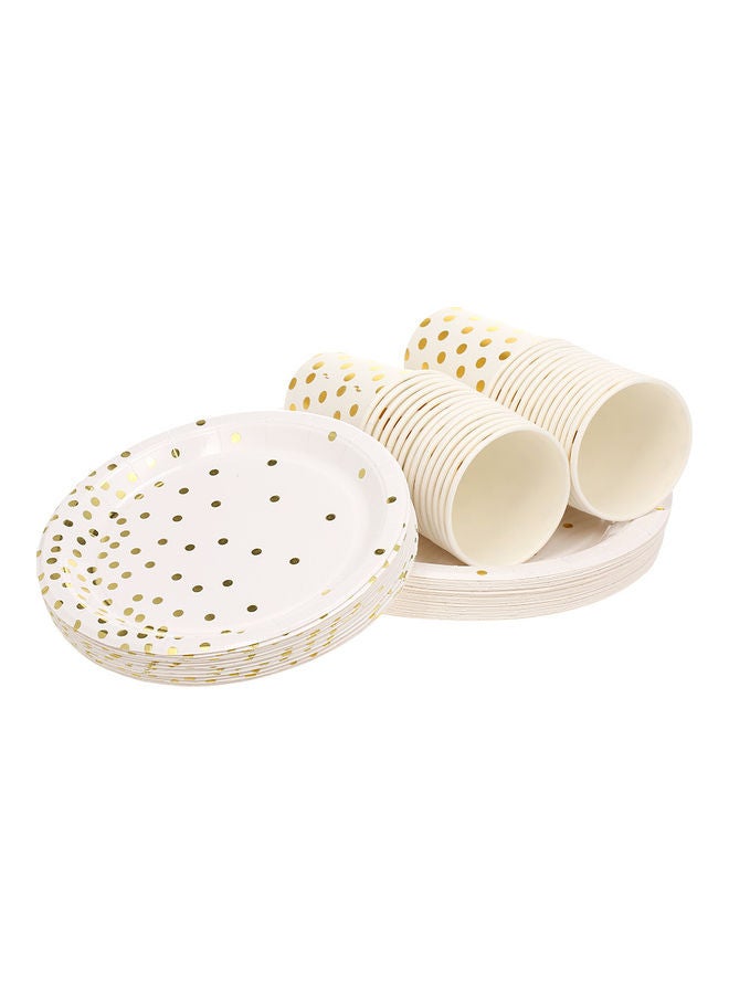 Set of 90 Piece Disposable Drinkware and Dishware with Golden Polka Dot Round Plates Beverage Cups Dinner Plates Dessert Plate White & Gold 25x10x25cm