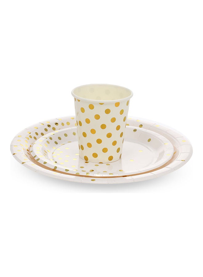 Set of 90 Piece Disposable Drinkware and Dishware with Golden Polka Dot Round Plates Beverage Cups Dinner Plates Dessert Plate White & Gold 25x10x25cm