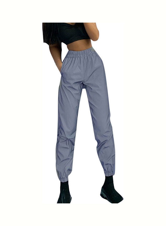 High Waist Baggy Reflective Long Pants Elastic Ankle Tie Trousers Grey - Image 1