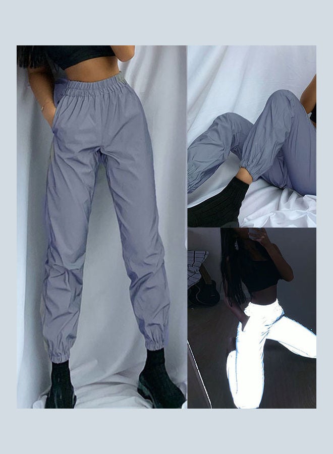 High Waist Baggy Reflective Long Pants Elastic Ankle Tie Trousers Grey - Image 2