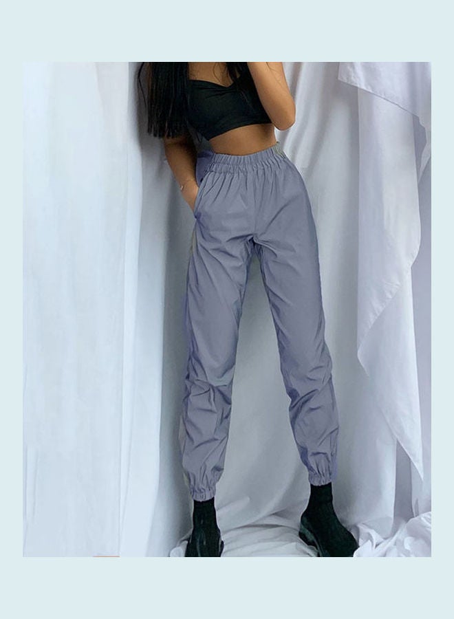 High Waist Baggy Reflective Long Pants Elastic Ankle Tie Trousers Grey - Image 4