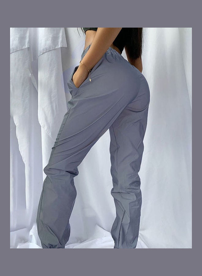 High Waist Baggy Reflective Long Pants Elastic Ankle Tie Trousers Grey - Image 5