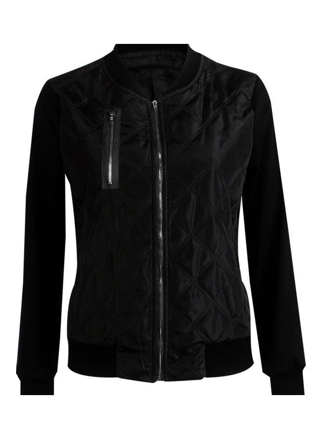 Zip Up Long Sleeve Slim Short Baseball Jacket Coat Black  - Image 1