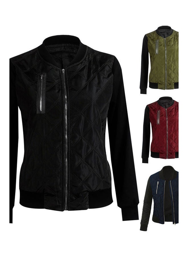 Zip Up Long Sleeve Slim Short Baseball Jacket Coat Black  - Image 2