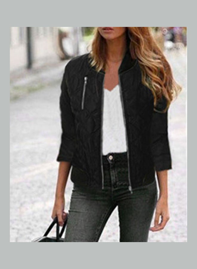 Zip Up Long Sleeve Slim Short Baseball Jacket Coat Black  - Image 3