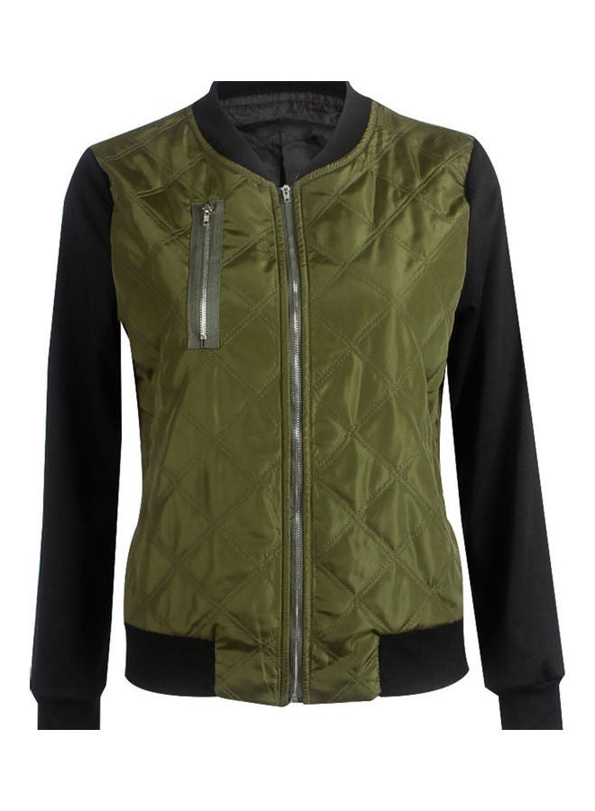 Zip Up Long Sleeve Slim Short Baseball Jacket Coat Green  - Image 1