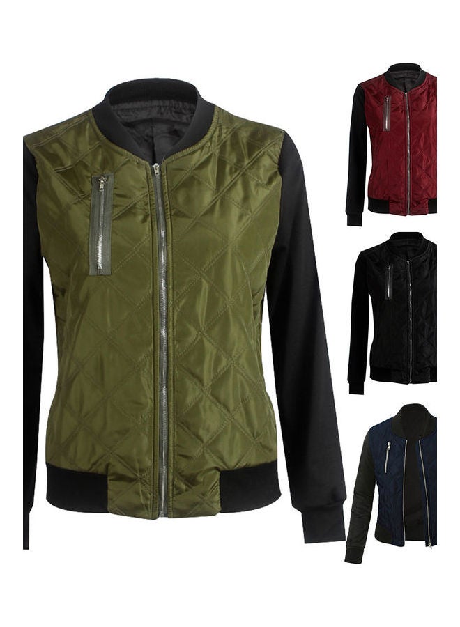 Zip Up Long Sleeve Slim Short Baseball Jacket Coat Green  - Image 2