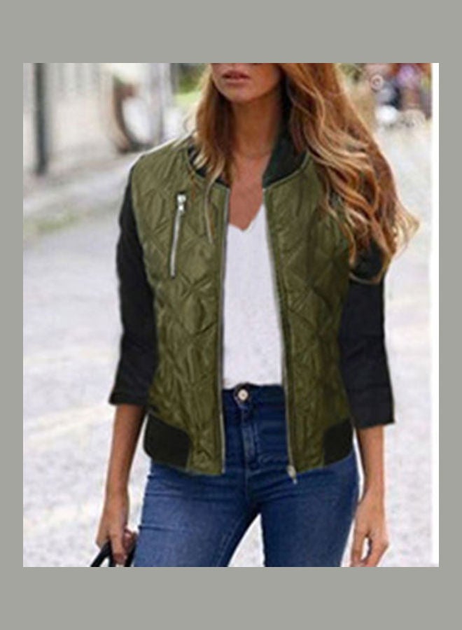 Zip Up Long Sleeve Slim Short Baseball Jacket Coat Green  - Image 3