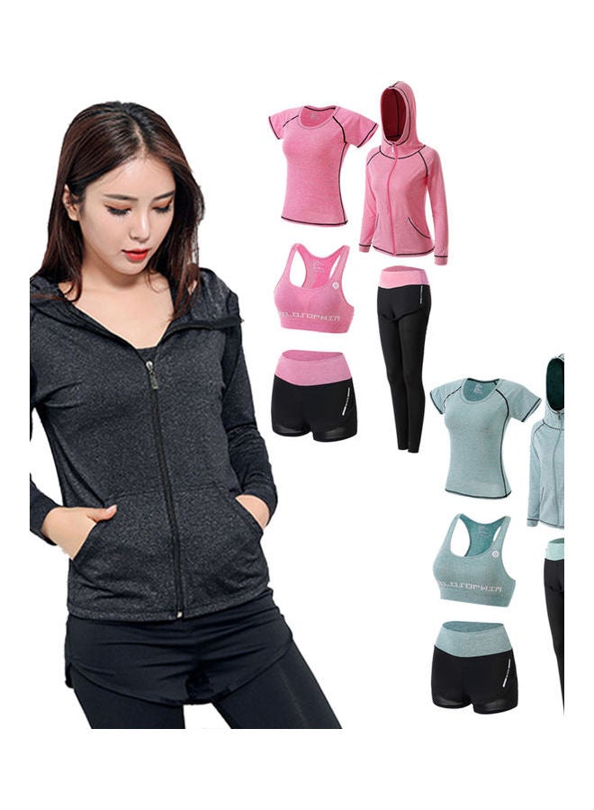 Generic 5-Piece Gym Running Sport Yoga Bra Shorts Pant Trousers Top Coat Tracksuit Pink  - Image 2