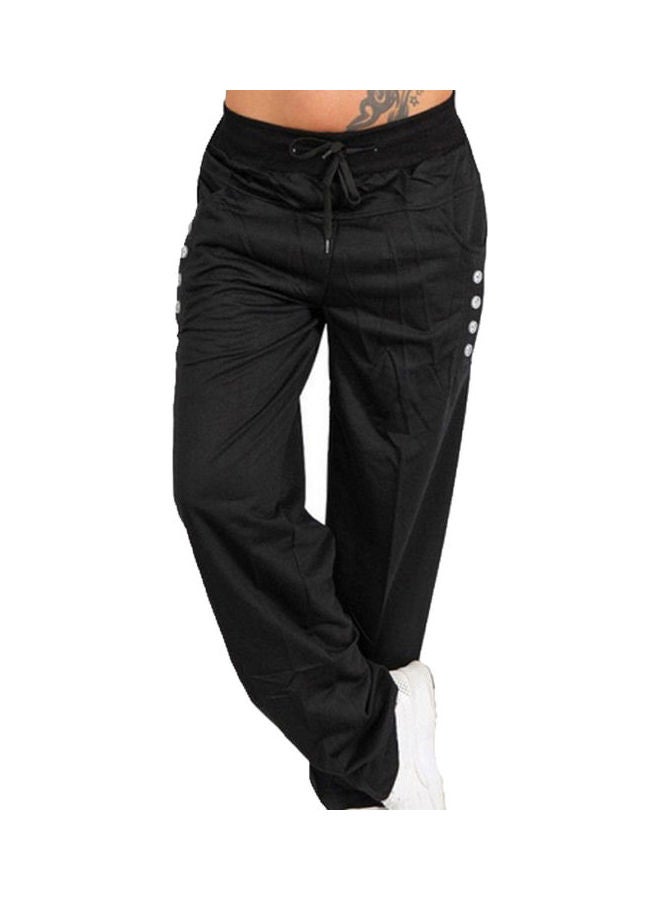 Elastic Waist Drawstring Button Pocket Straight Trousers Pants Black - Image 1