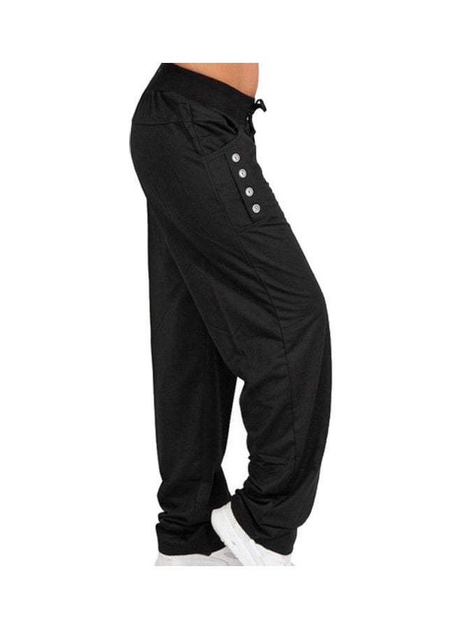 Elastic Waist Drawstring Button Pocket Straight Trousers Pants Black - Image 3