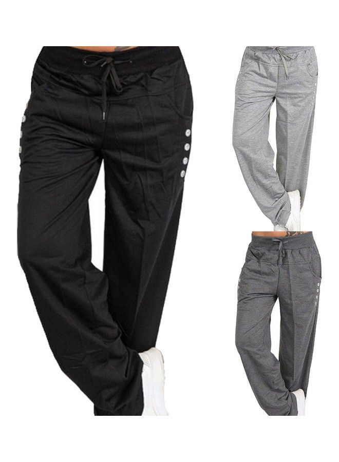 Elastic Waist Drawstring Button Pocket Straight Trousers Pants Black - Image 2