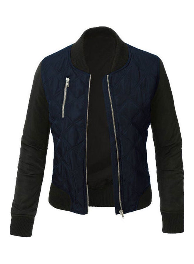 Zip Up Long Sleeve Slim Short Baseball Jacket Coat Dark Blue  - Image 1