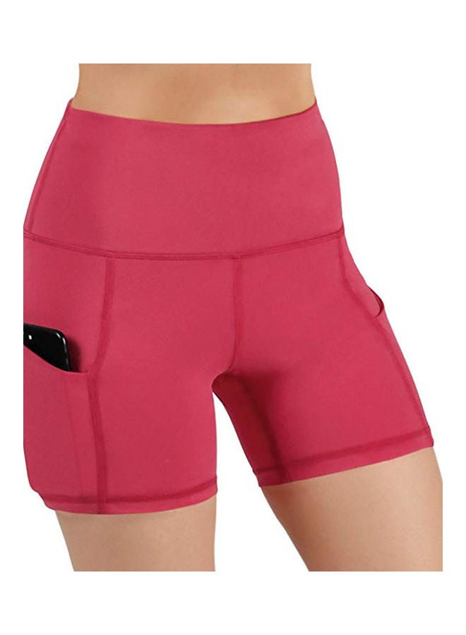 High Waist Yoga Shorts Gym Running Skinny Pants With Pocket Red - Image 1