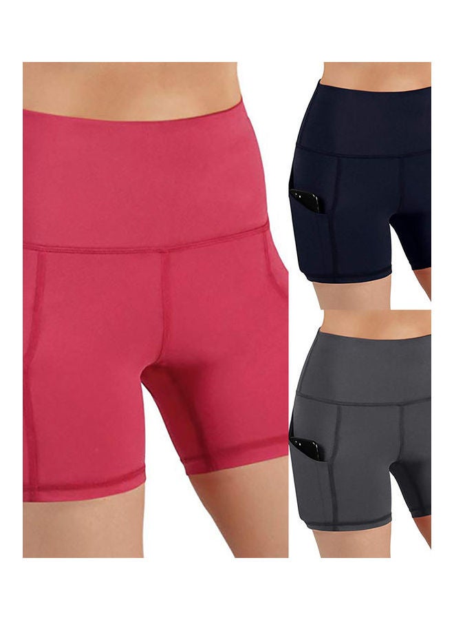 High Waist Yoga Shorts Gym Running Skinny Pants With Pocket Red - Image 2
