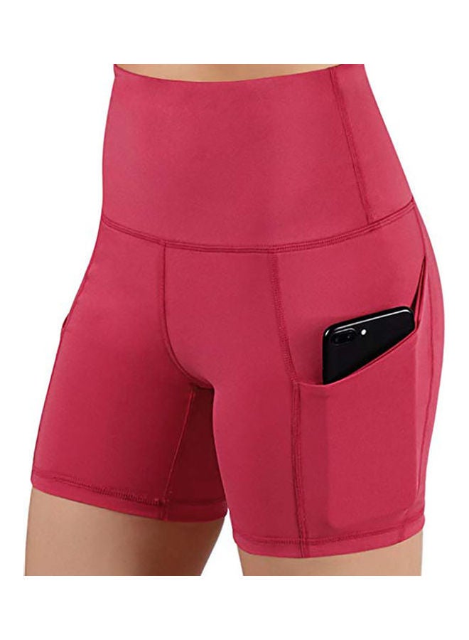 High Waist Yoga Shorts Gym Running Skinny Pants With Pocket Red - Image 4