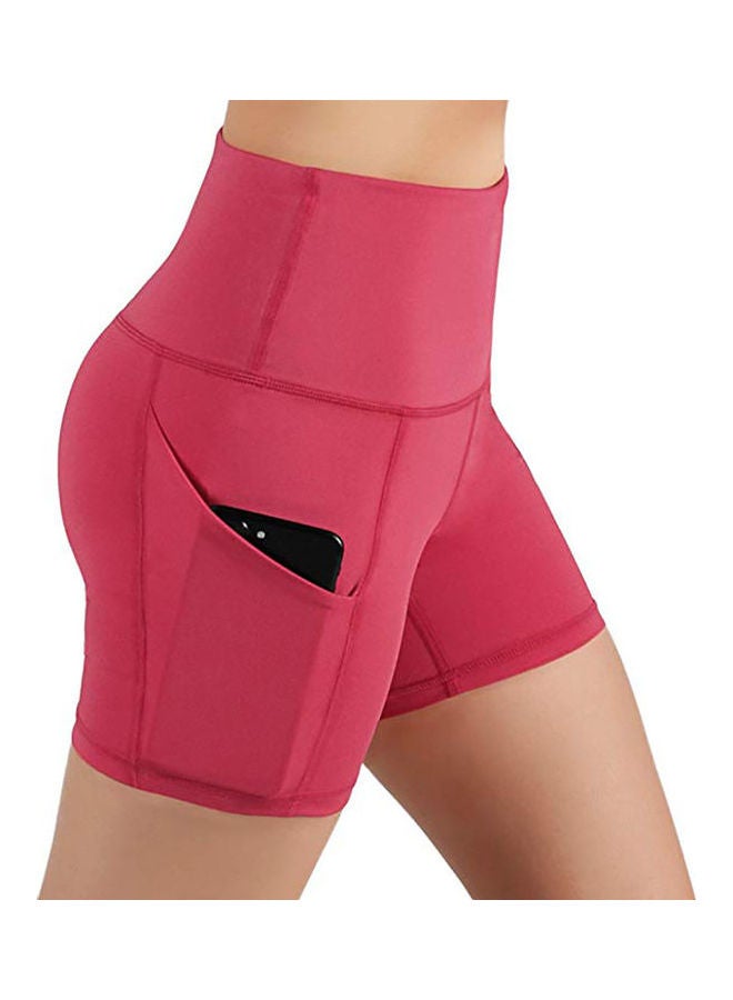 High Waist Yoga Shorts Gym Running Skinny Pants With Pocket Red - Image 3