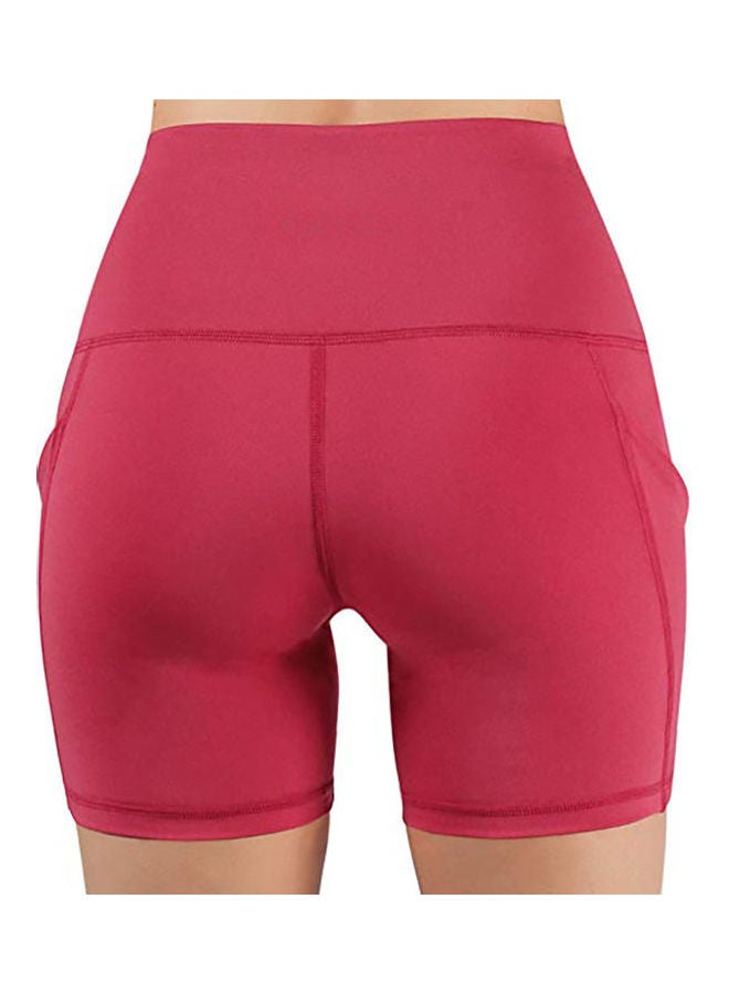 High Waist Yoga Shorts Gym Running Skinny Pants With Pocket Red - Image 5