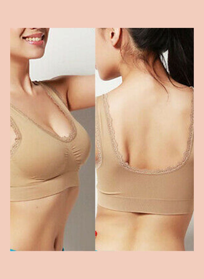 Breathable Lace Padded Wireless Sport Yoga Push-up Bra Vest Underwear Beige  - Image 2