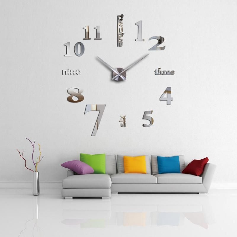 Fast Print Large Diy Quartz 3d Wall Clock Acrylic Sticker Silver 10x50cm - Image 2