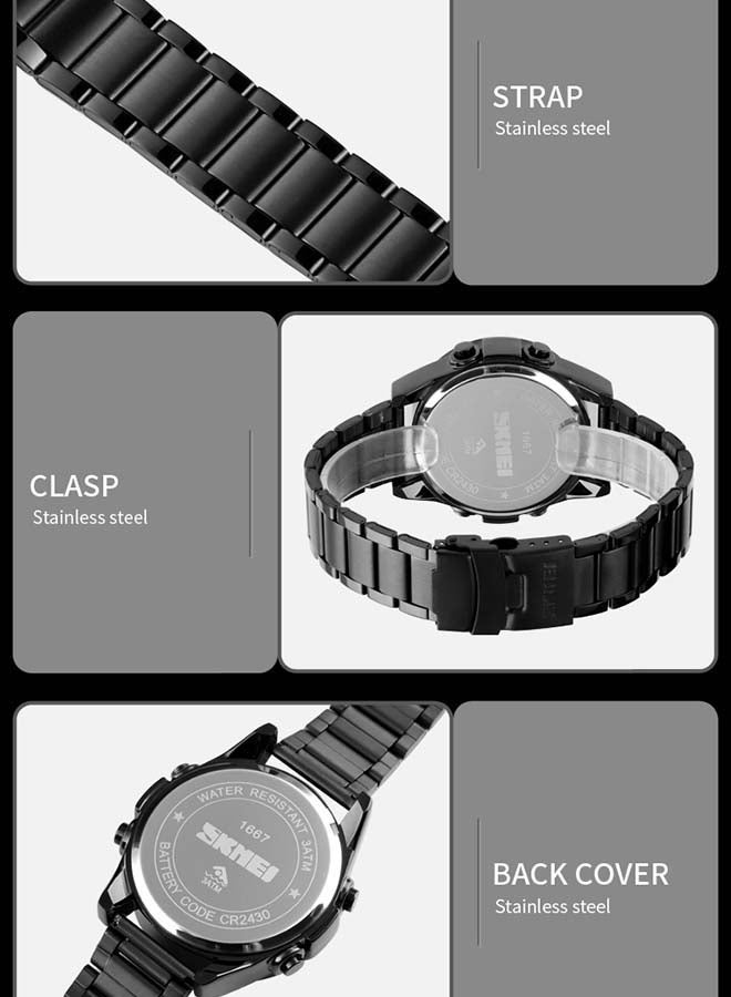 SKMEI Men's 1667 Stainless Steel Back Digital Alfajr Azan Prayer Wrist Watch - 44 mm - Black - Image 3