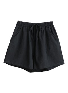 Drawstring High Waist Loose Cotton Linen Shorts Black