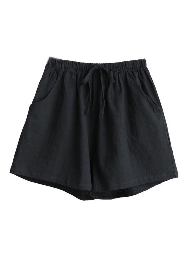 Generic - Drawstring High Waist Loose Cotton Linen Shorts Black - Image 1