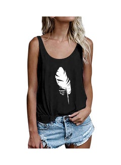 Feather Printed Round Neck Sleeveless Vest Black